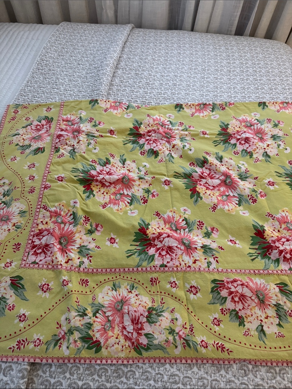 April Cornell Pink Floral Cotton Table Cloth on Green Back Ground